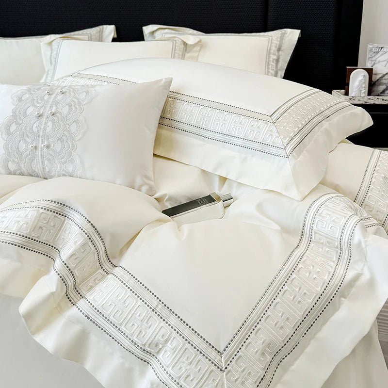 ensemble literie blanc brodé élégant 100 coton king queen size