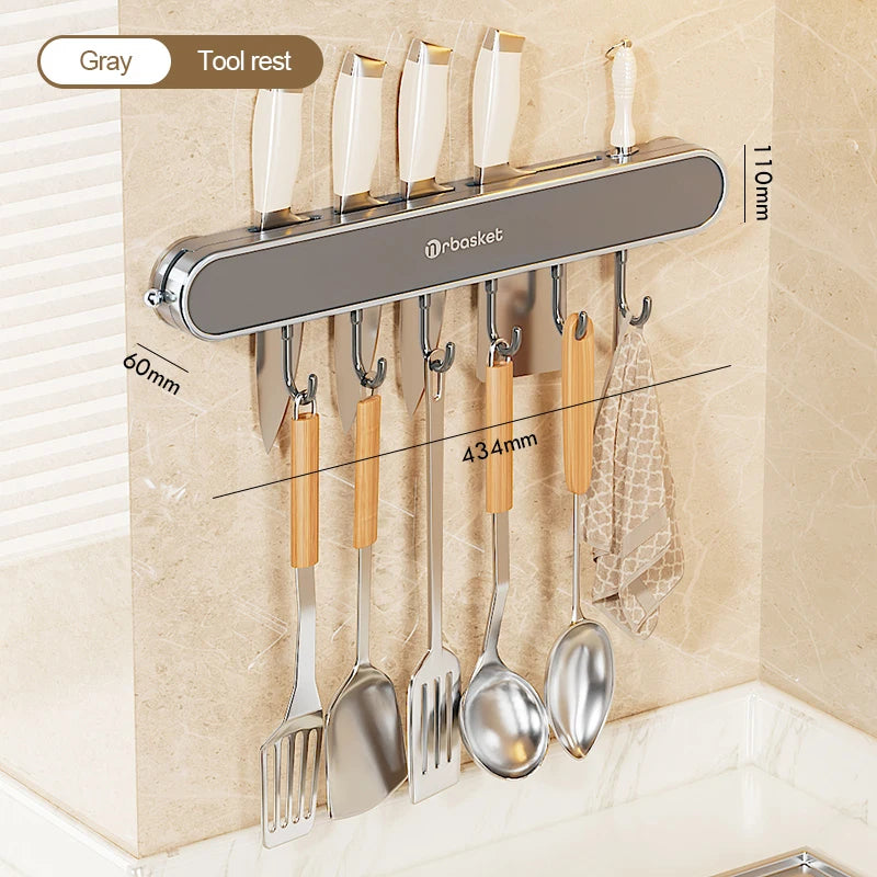 porte couteaux mural adhésif gris métallique couteaux cuillère fourchette serviette racleur éponge brosse dents
