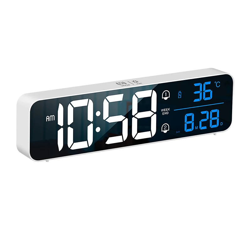 horloge numérique moderne blanc noir écran led affichage température double alarme snooze