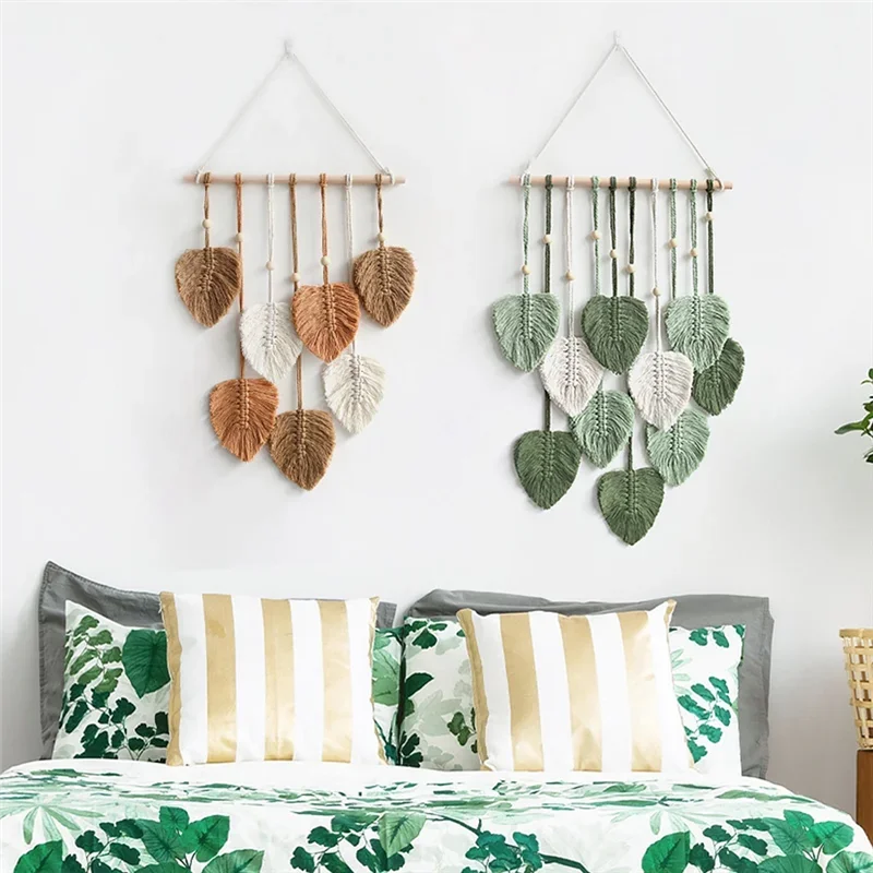 décoration murale boho vert feuilles macramé tissage crochet naturel chambre mariage