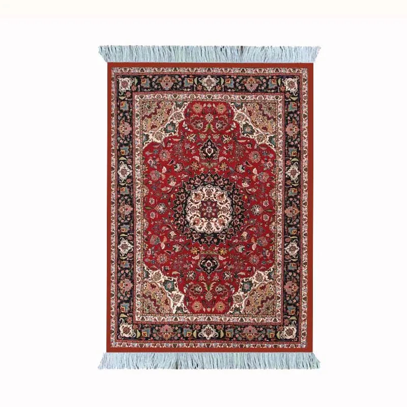 tapis persan franges ornements traditionnels rouge bleu noir beige marron classique sous verre gaming