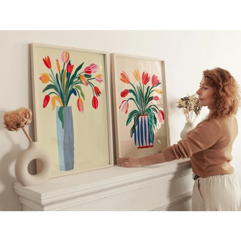 affiche moderne tulipes vase rayé salon chambre toile imprimée sans cadre couleurs vives unique