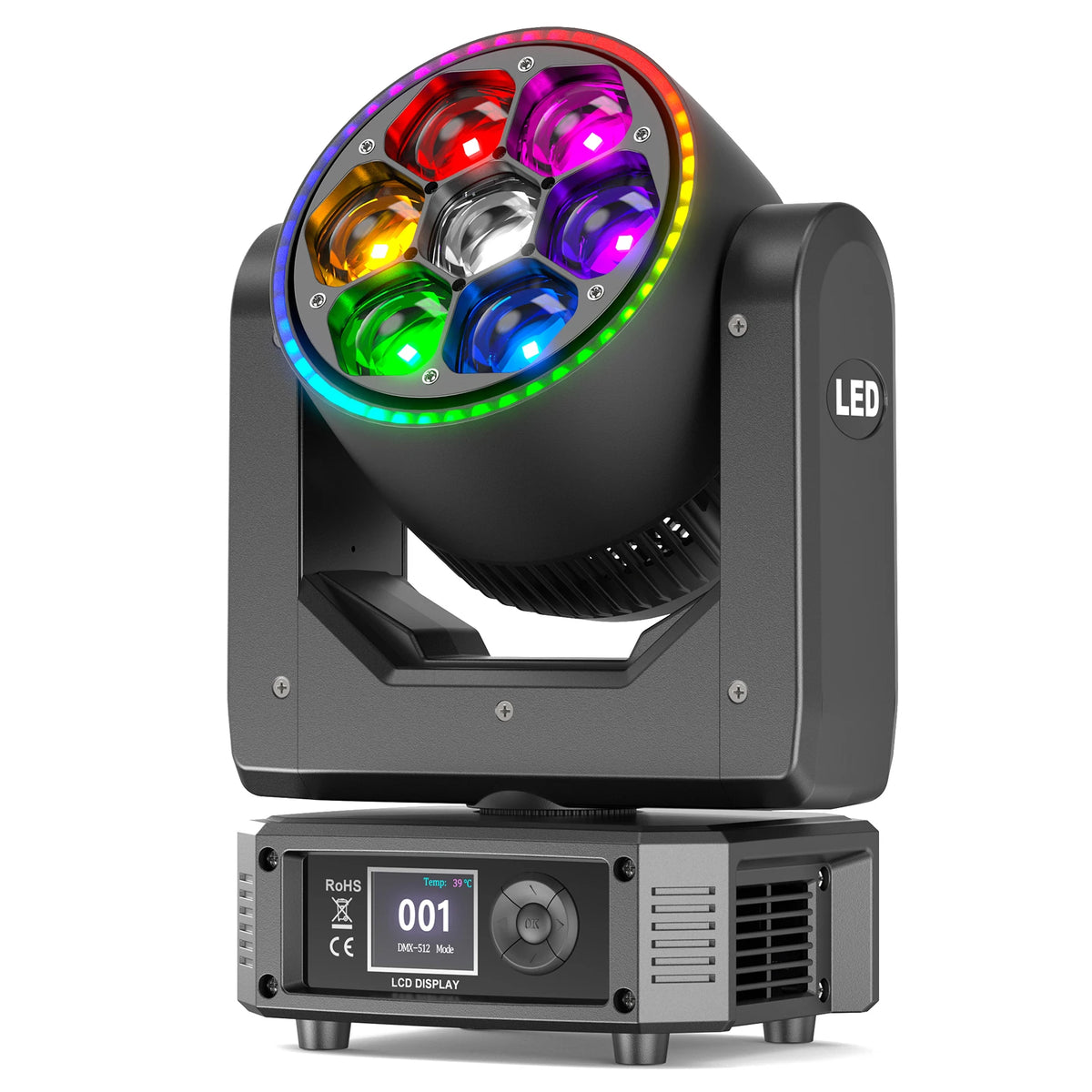 projecteur led rotatif noir effets lumineux dmx scènes professionnelles dj multiple couleurs lcd.controls