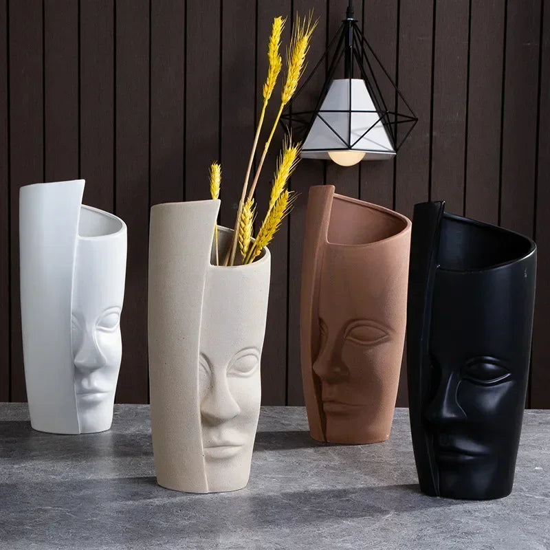 Vase céramique moderne vase table blanc visage sculpté lèvres sculptées art déco