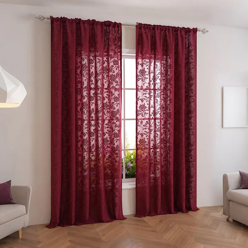 rideau floral transparent rouge bordeaux classique polyester maison bureauhôtel chambre coucher decoration