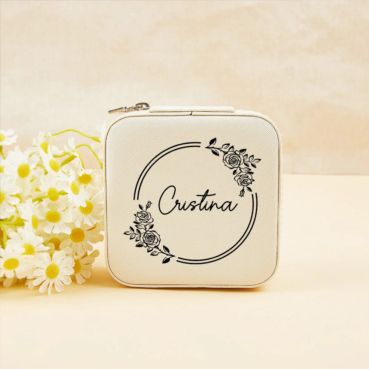 boîte bijoux personnalisation fleurs blanc rose vert moderne élégant zip 10x10cm