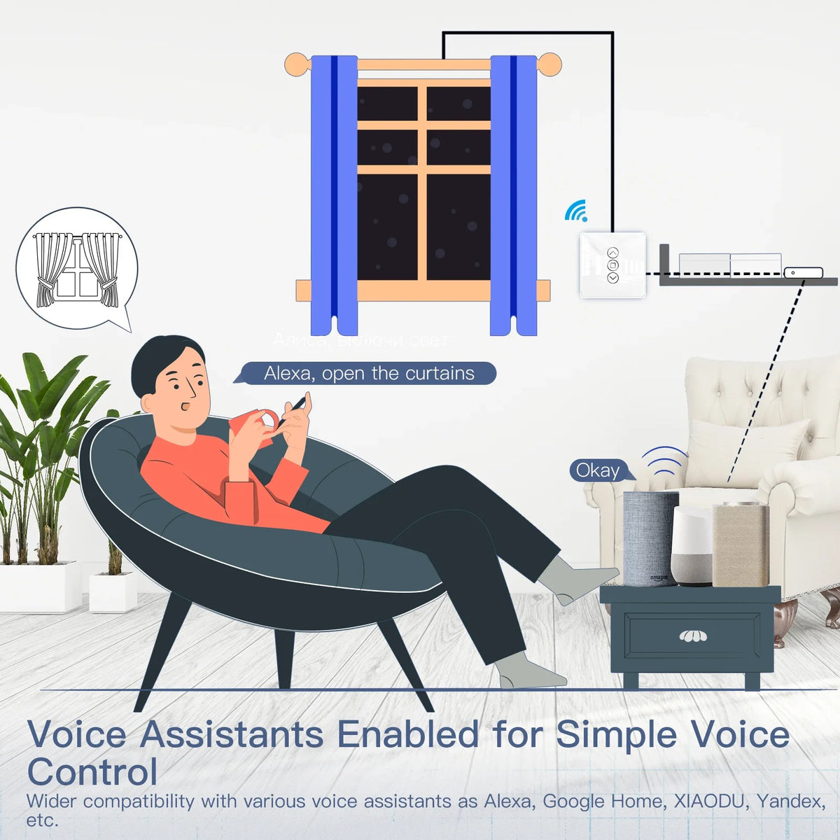 commutateur intelligent rideau controle tactile noir blanc application smartphone flèches haut bas arrêt moderne