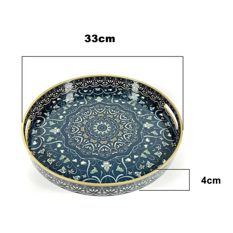 plateau rangement vintage plastique bleu marine motif floral poignées métalliques décoration intérieure classique
