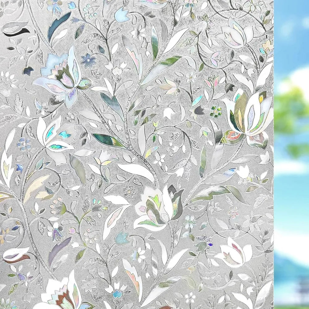 films décoratifs statiques fenêtres motifs fleurs stylisées moderne gris clair vert bleu blanc opaques