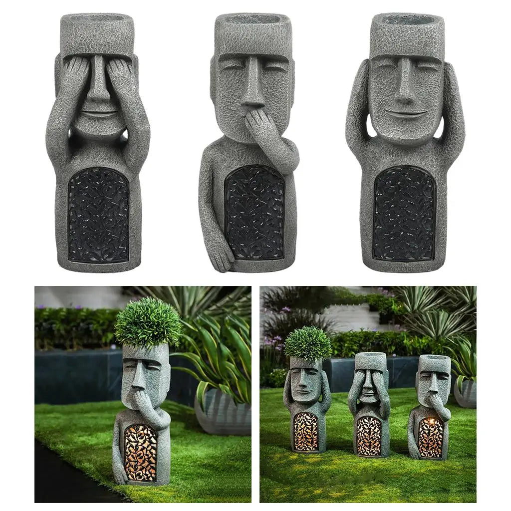 statues moai décoratives extérieures pots fleurs texture pierre motif floral gris noir