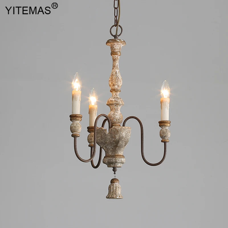 lustre vintage rustique bois naturel métal noir trois lumières suspension entrée couloir