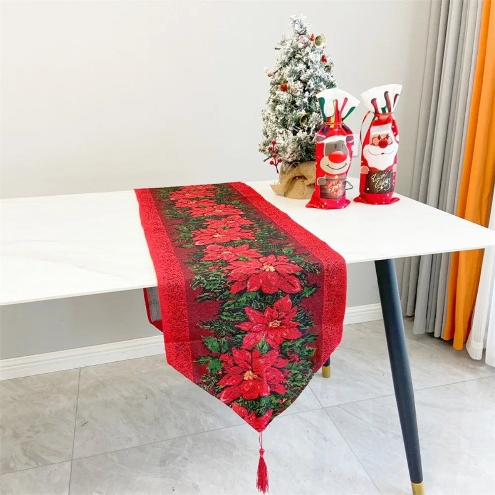 table table noël fleurs poinsettia feuilles vertes bordure dorée classique festif blanc rouge vert