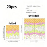 serviettes papier motifs desserts pliées rose vert jaune blanc festives anniversaire enfants transparentes