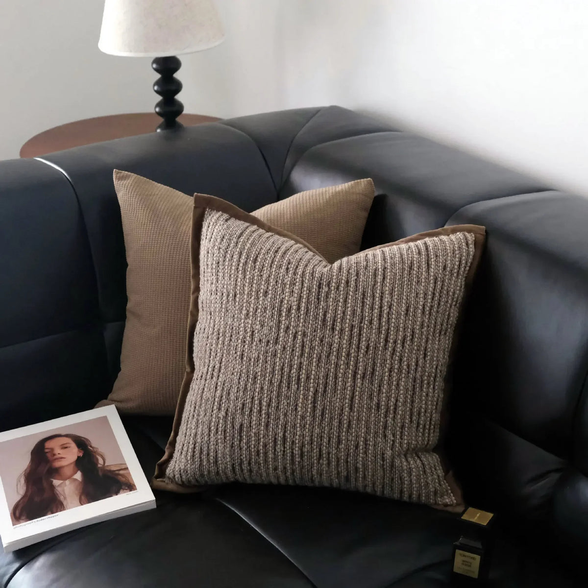 housse coussin beige rayé moderne adhésif 100 polyester 30x50 45x45 50x50