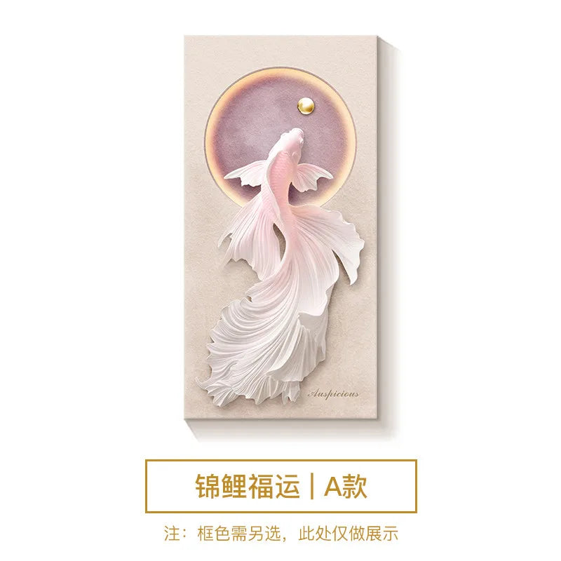tableau mural contemporain poissons stylisés fond texturé rose pâle beige clair toile miroirs encadrés