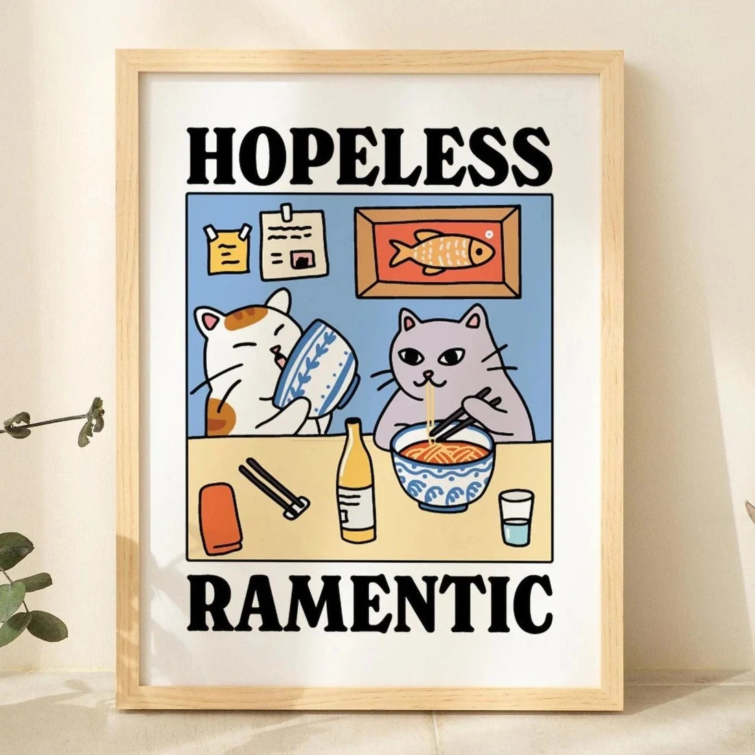 affiche encadrée illustration chats cartoon hopelessness ramentic bois naturel salon chambre enfant decoration maison