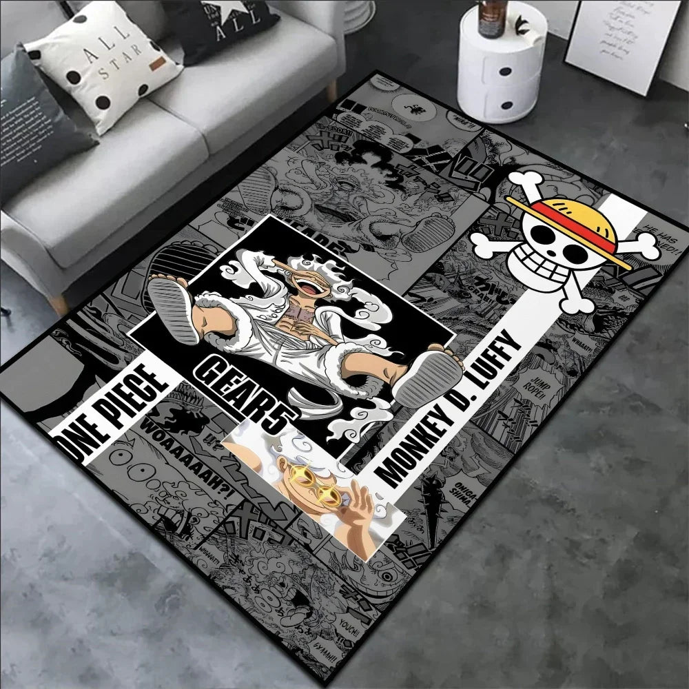 tapis personnages manga one piece luffy gears noir blanc gris graphique maison