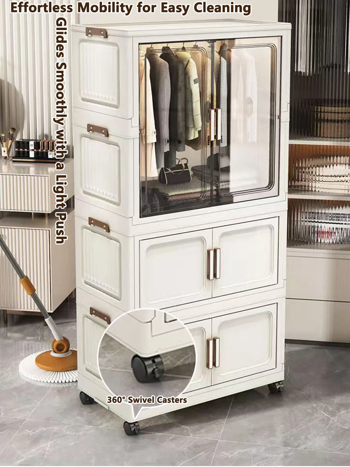 armoire rangement blanc moderne classique verres transparents tiroirs étagères vêtements toilette roulettes