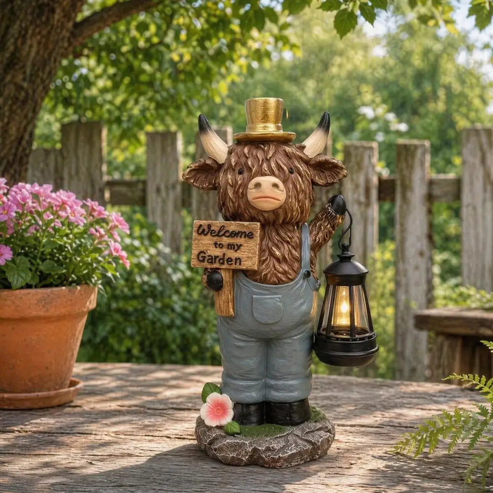 statue décorative résine vache marron gris doré noir animal rustique jardin luminaire bienvenue jardin