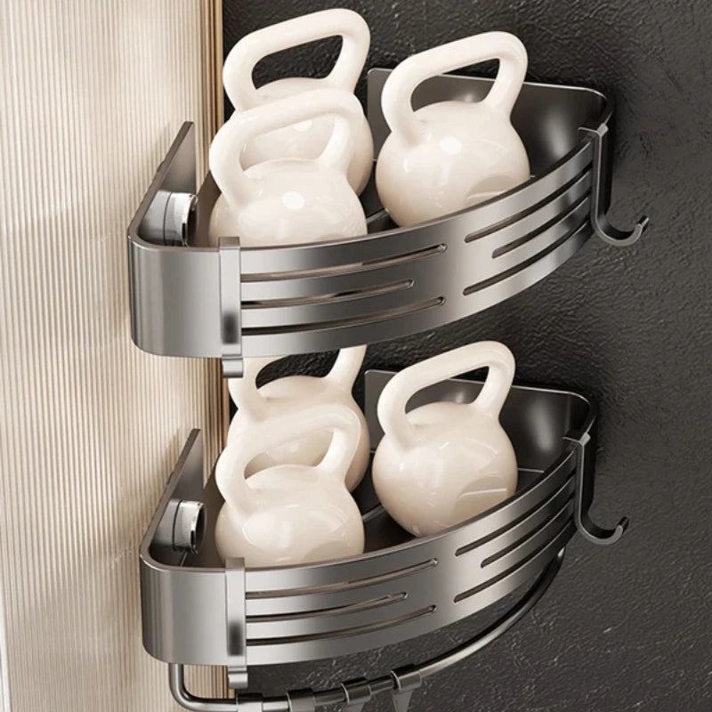 étagère angle aluminium salle bain moderne minimaliste adhésive grise rangement cosmétique tasse serviette