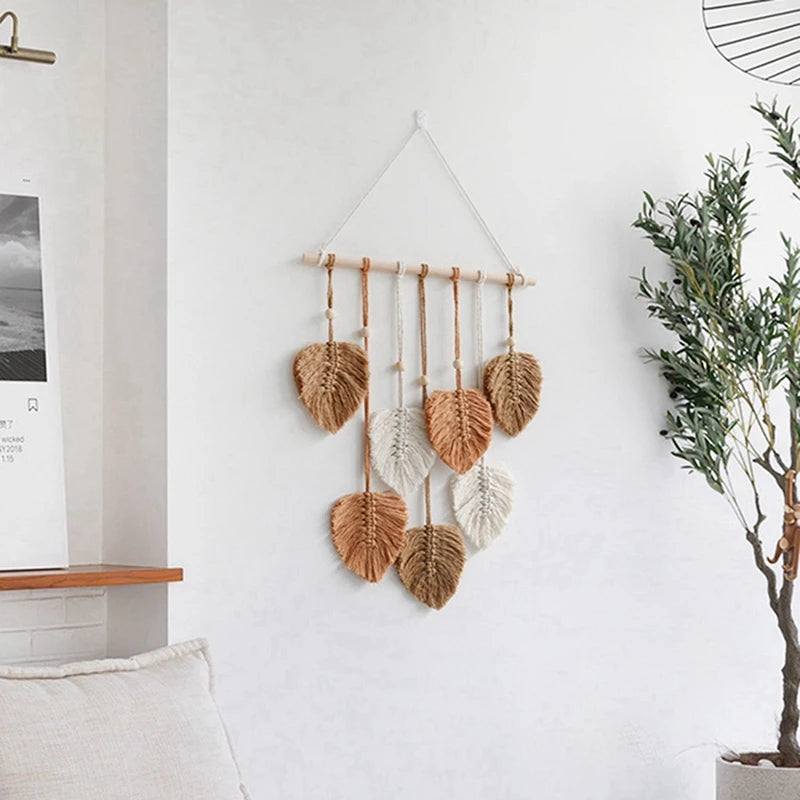 mobile mural boho chic feuilles artificielles marron clair beige blanc