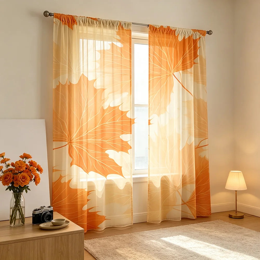 rideau feuilles erable orange moderne anneaux salon chambre 100x130cm