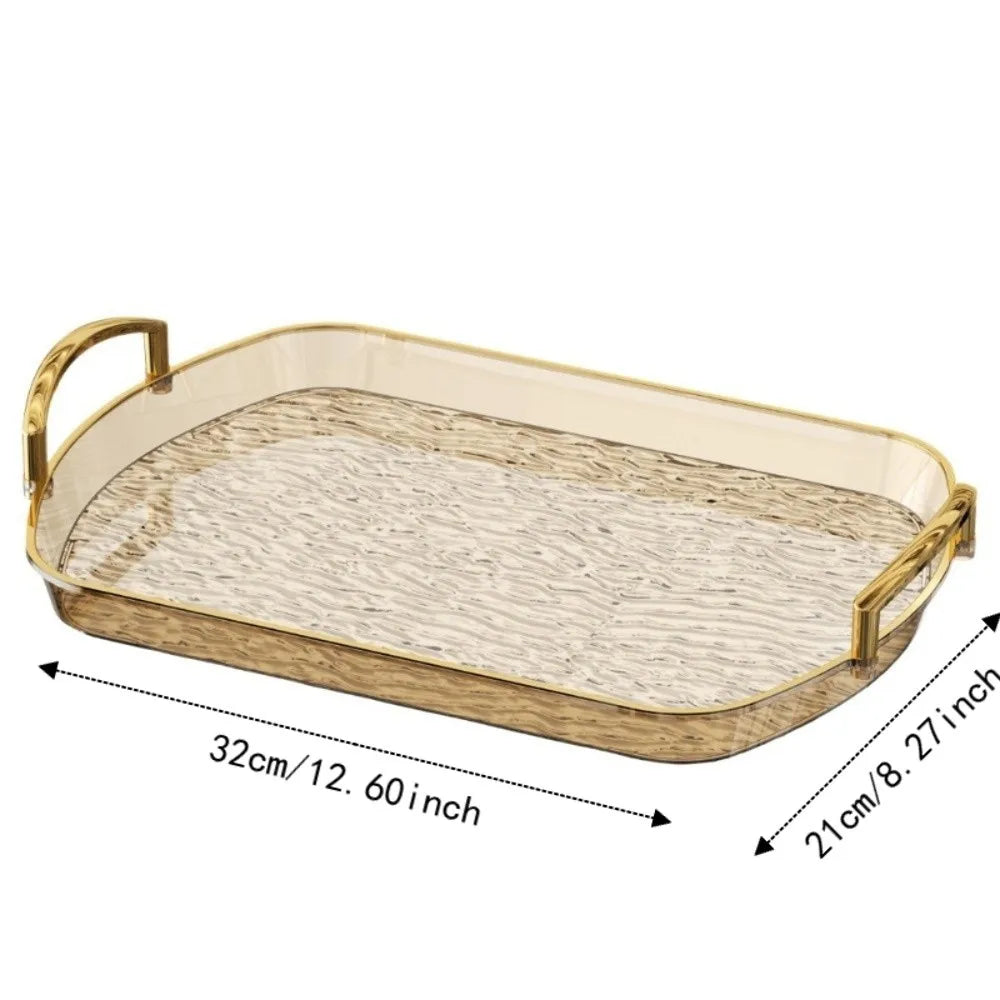 plateau rectangulaire moderne élégant poignées métalliques transparent doré texture marbrée bijoux parfums tasses