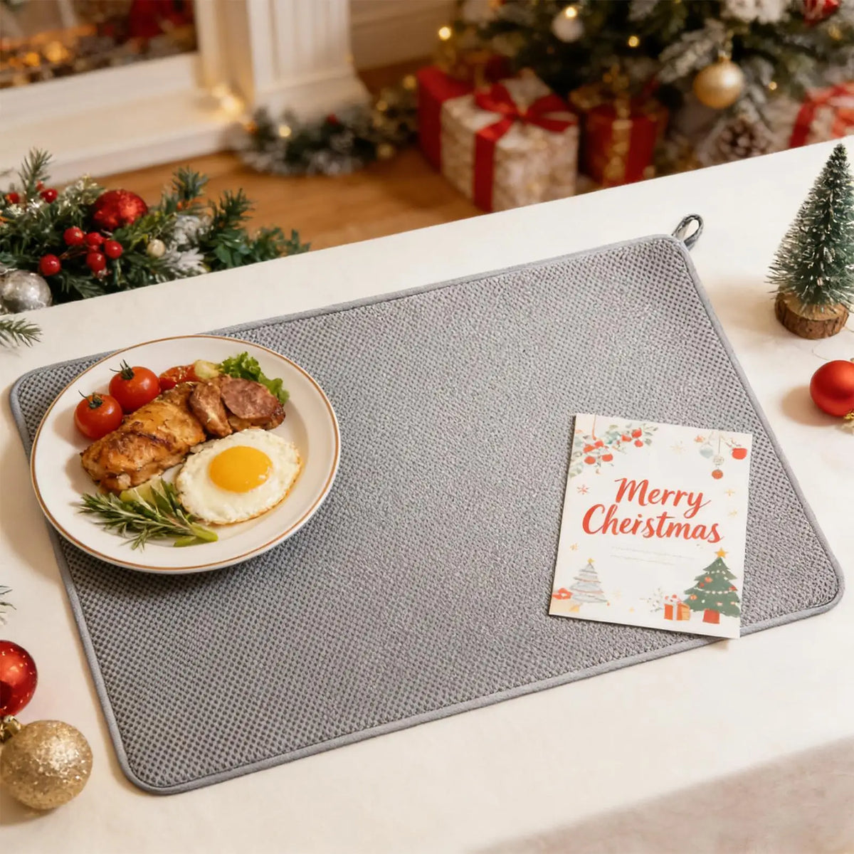 tapis table gris moderne texture tissée antidérapant vaisselle xmas
