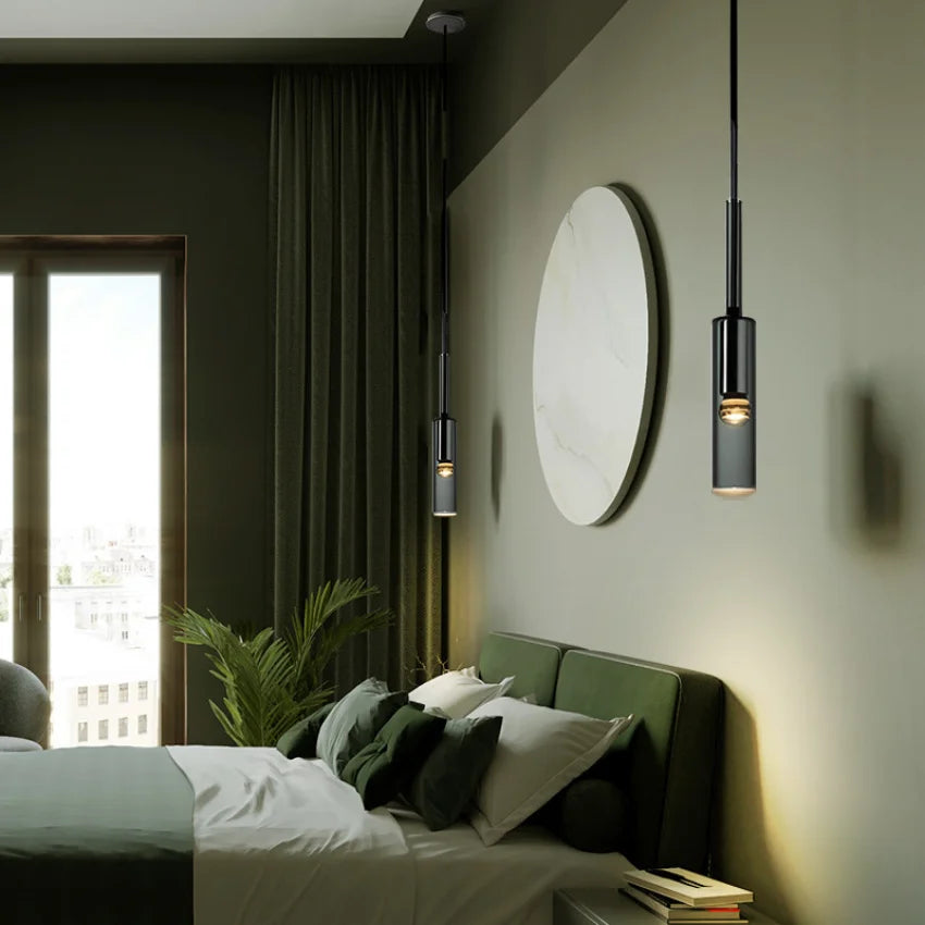 lampe suspendue moderne minimaliste câble noir gris doré verre transparent métal chambre salon étude