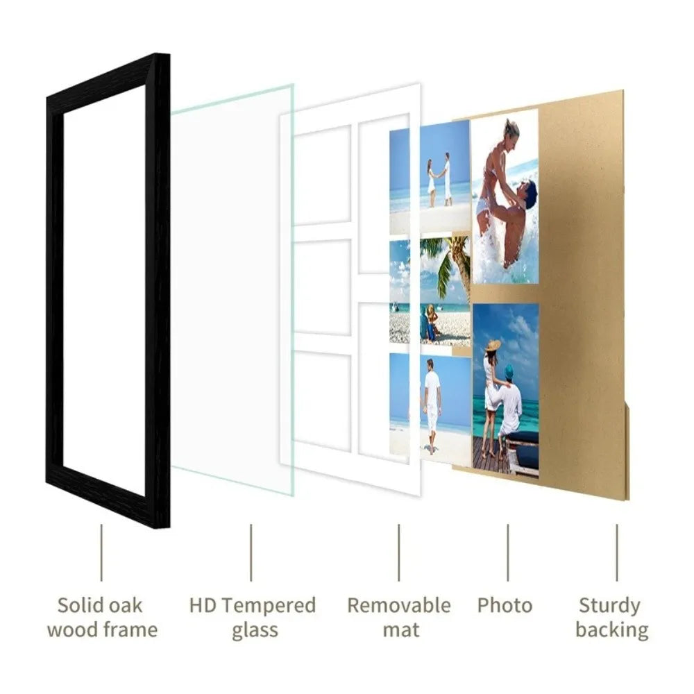 cadre photo multi photos bois clair noir blanc decoration moderne plage voyage mur verre
