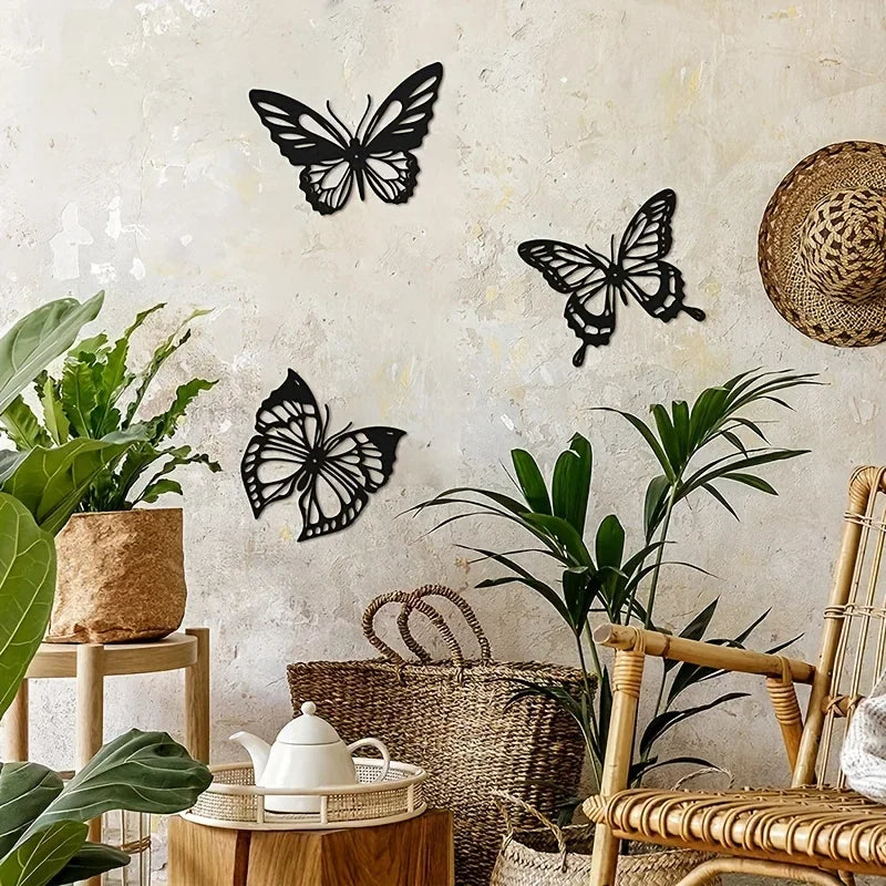 décoration murale moderne papillons transparents détails blancs adhésifs noir minimaliste suspension mur