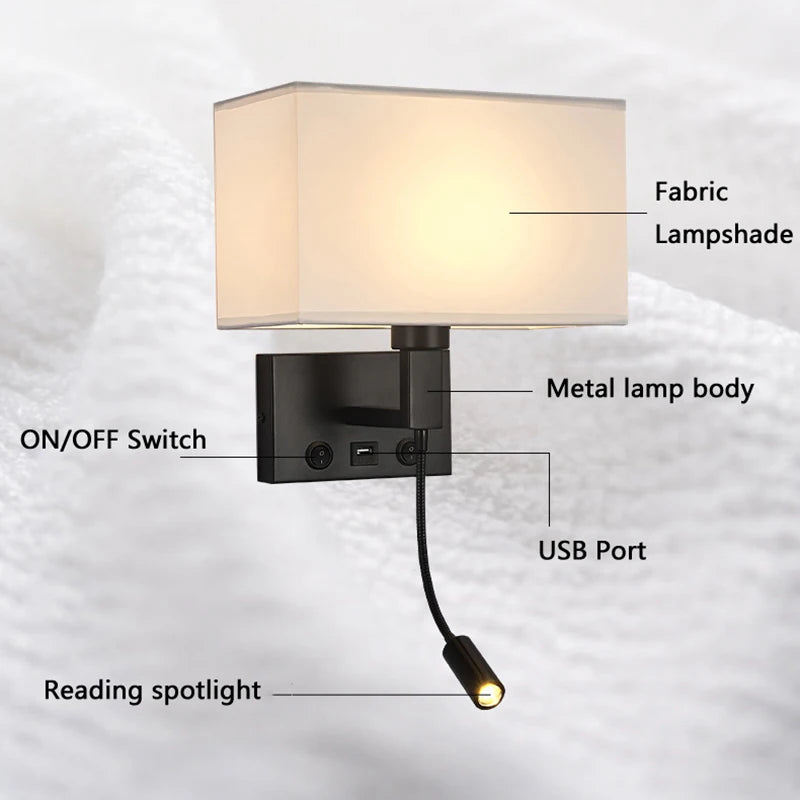 Lampe de lecture murale avec abat-jour en tissu beige