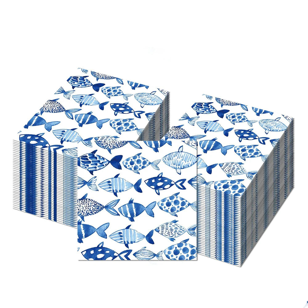 serviettes papier poissons stylisés fête enfant moderne océan blanc bleu anniversaire décors restaurant