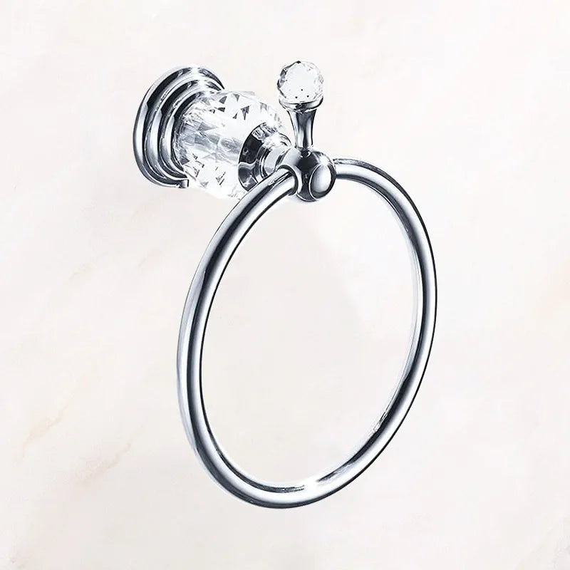 accessoires salle bain chrome cristaux motifs dorés porte savon dentifrice serviettes goblets sèche cheveux