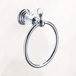 accessoires salle bain chrome cristaux motifs dorés porte savon dentifrice serviettes goblets sèche cheveux
