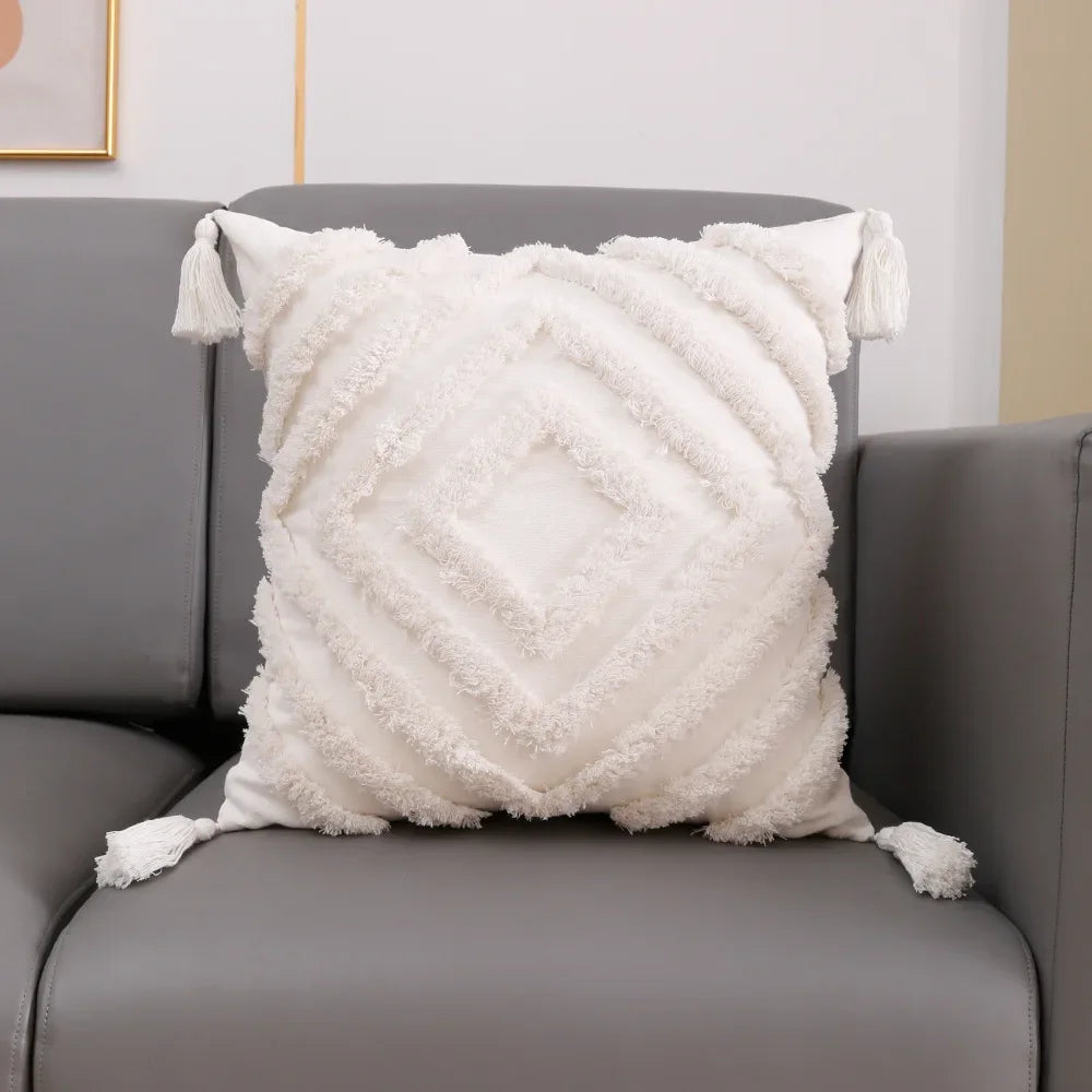 coussin carré géométrique blanc boho chic franges opaques décoration maison voiture