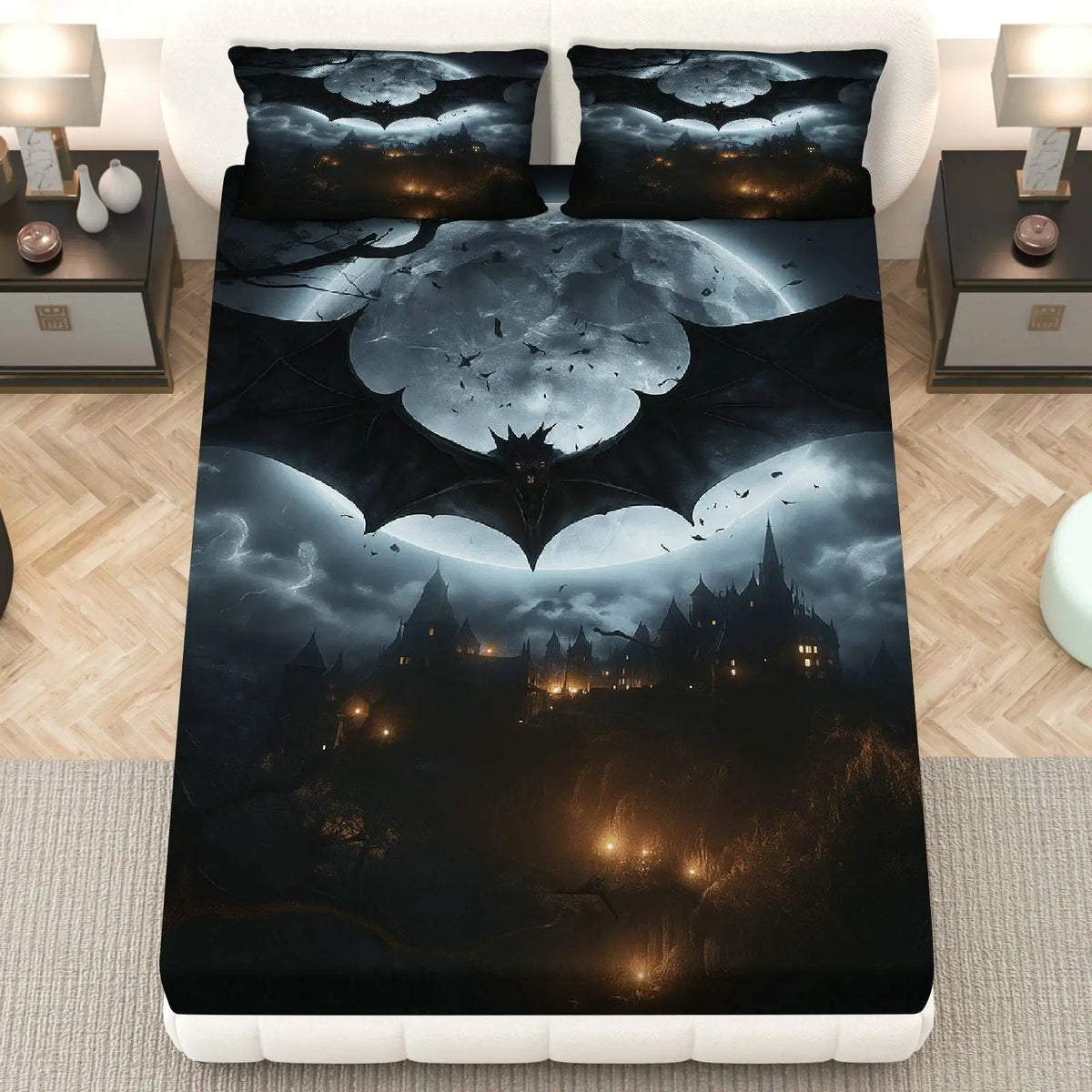 ensemble literie halloween drap housse noir motif château lune nuages taies d'oreiller gothique fantaisie