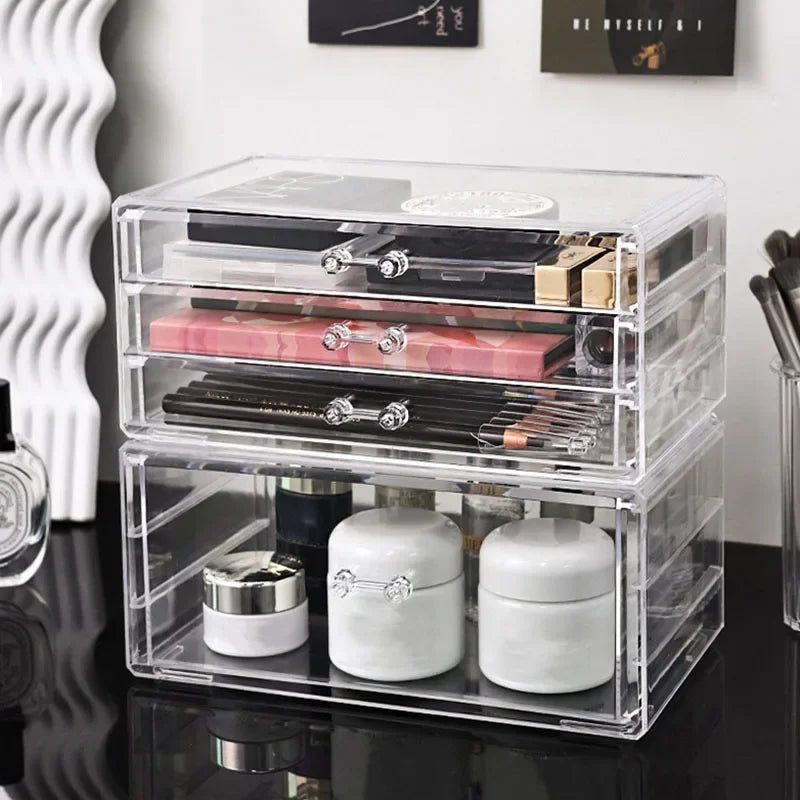 boîte rangement maquillage transparente tiroirs bijoux moderne minimaliste plastique lisse doré rouge