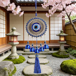 pendant ethnique attrape rêves œil bleu argenté clochettes métal maison jardinextérieur