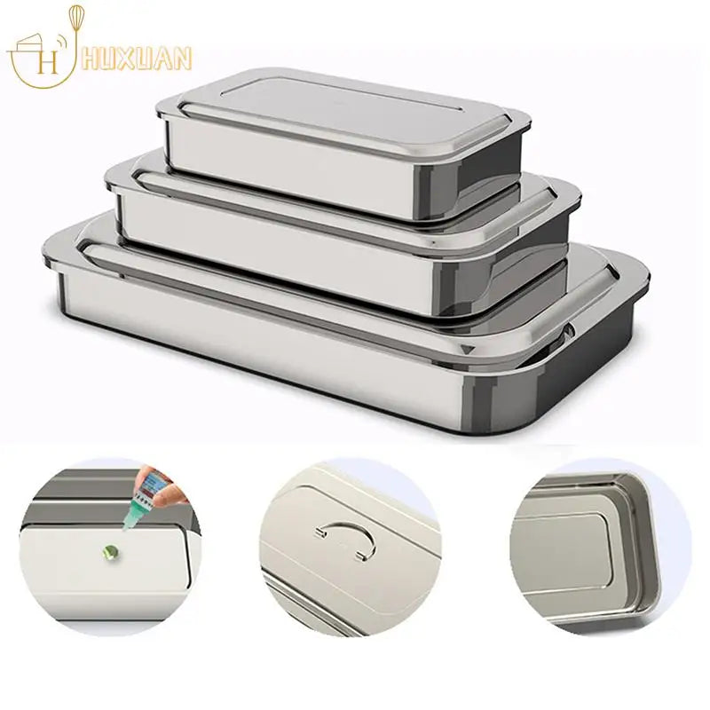 boîtes repas argentées lisses modernes poignées métalliques conteneurs stérilisation médicale taille 30x20cm 16x10cm 15x7.5cm