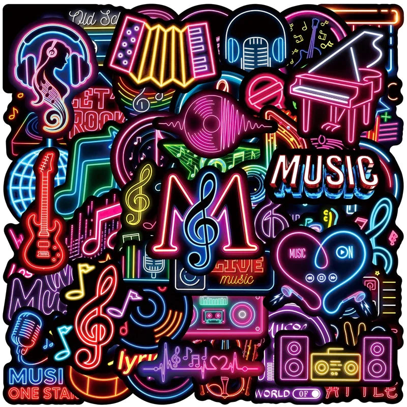 autocollants néon musique notes instruments graphiques pack 10 30 50 pièces