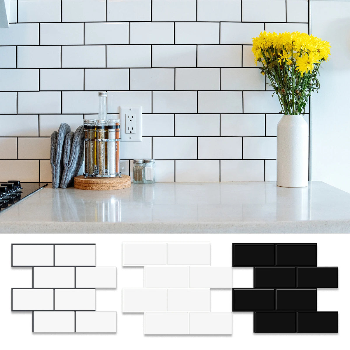 sticker carreaux imitation faïence blanc noir gris moderne industriel vintage adhésif cuisine salle bain