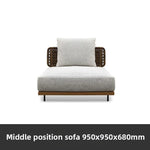 canapé jardin deux places tissu beige bois marron coussins blancs moderne pieds métalliques noirs