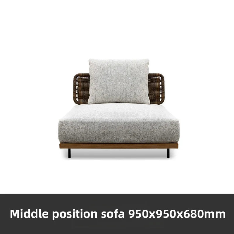 canapé jardin deux places tissu beige bois marron coussins blancs moderne pieds métalliques noirs