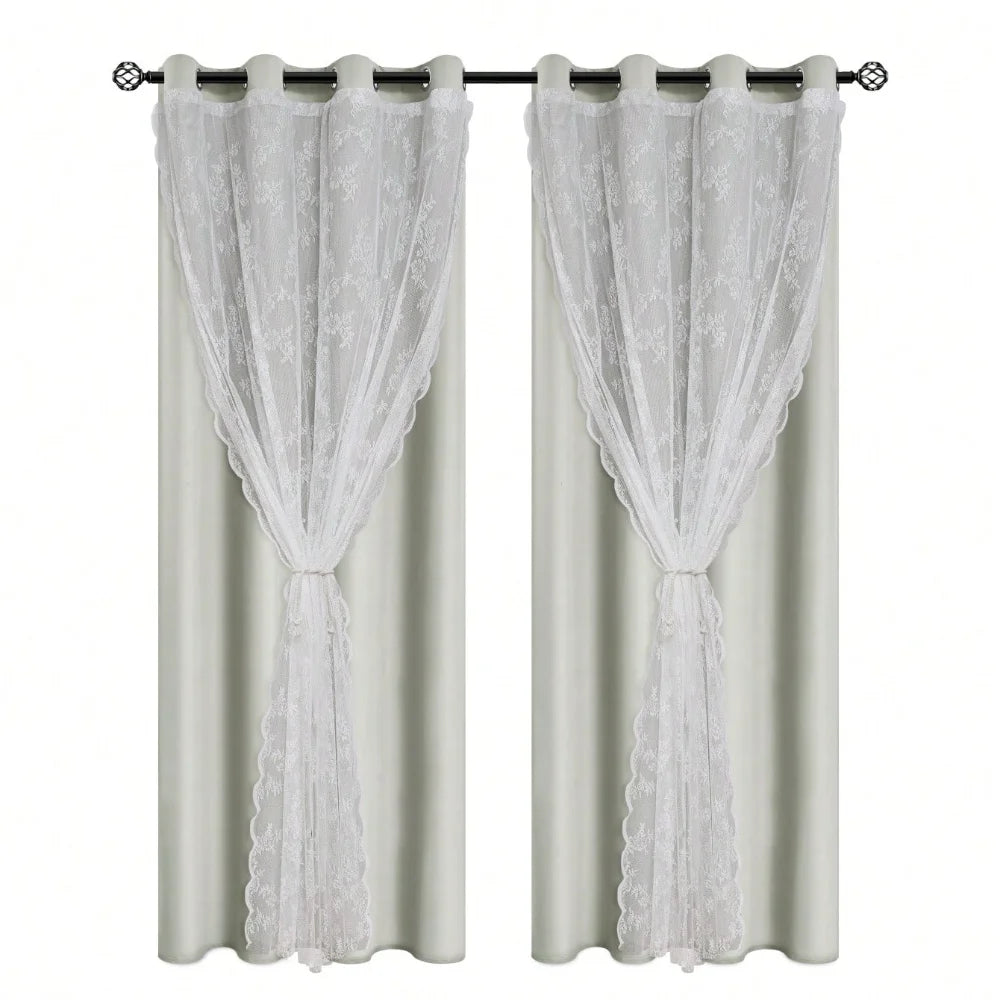 rideau brodé classique polyester translucide blanc gris 100x130cm anneaux