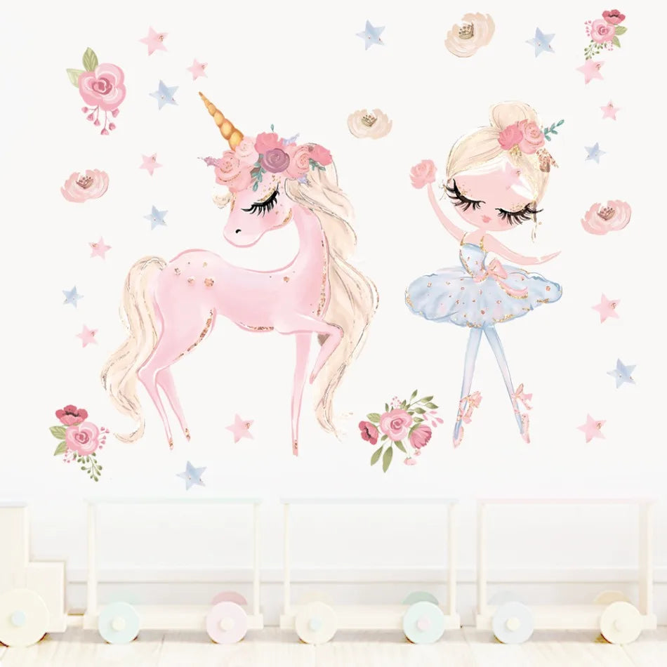 stickers muraux licorne danseuses fleurs étoiles cartoon chambre enfants papier adhésif rose blanc bleuclair