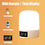 lampe chevet rechargeable led beige blanche ombre douce minimaliste affichage heure télécommande port usb
