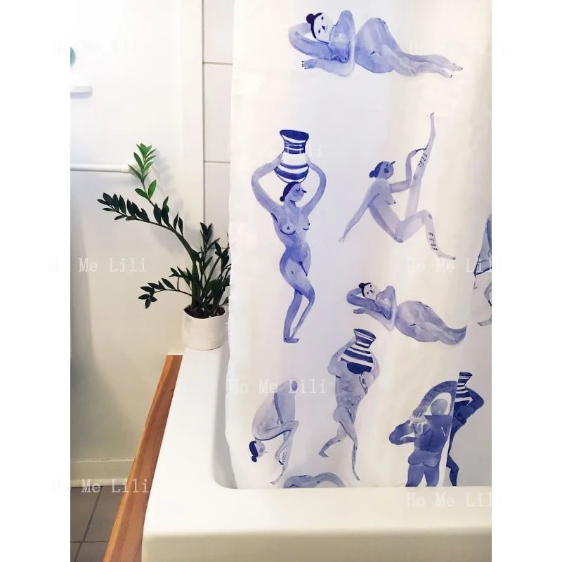 rideau douche moderne blanc bleu personnages abstraits respectueux environnement opaqué ourlet lesté hooks