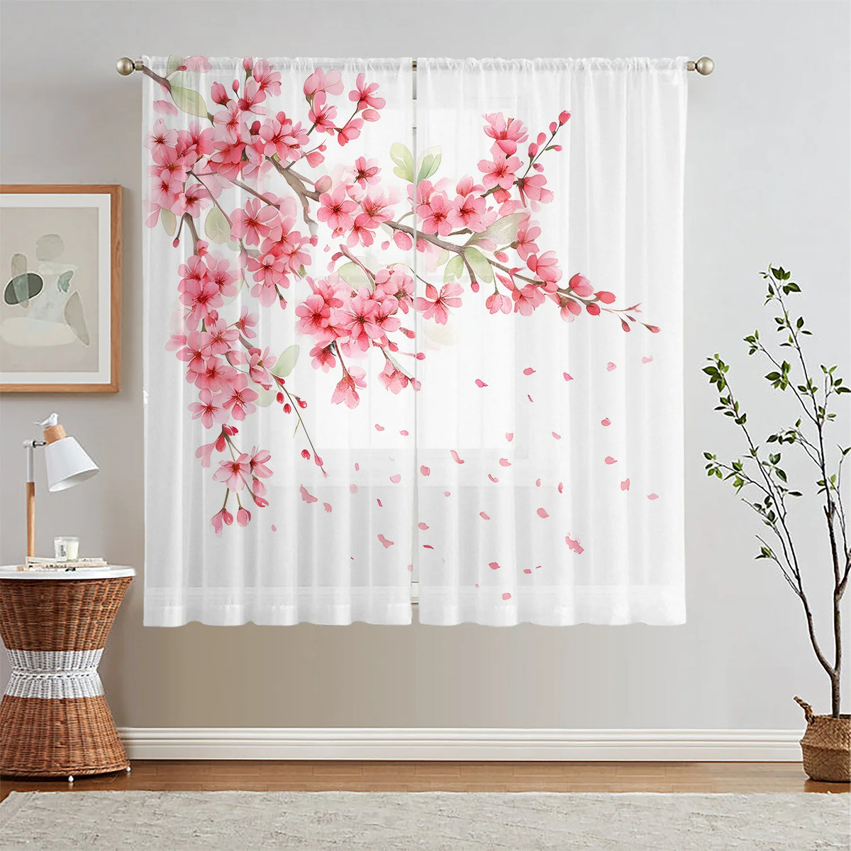 rideau moderne fleurs cerisier transparent blanc rose vert polyester chambre salon