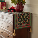 chemin table vintage fleurs pompons noir rouge vert classique coton polyester dîner maison festive